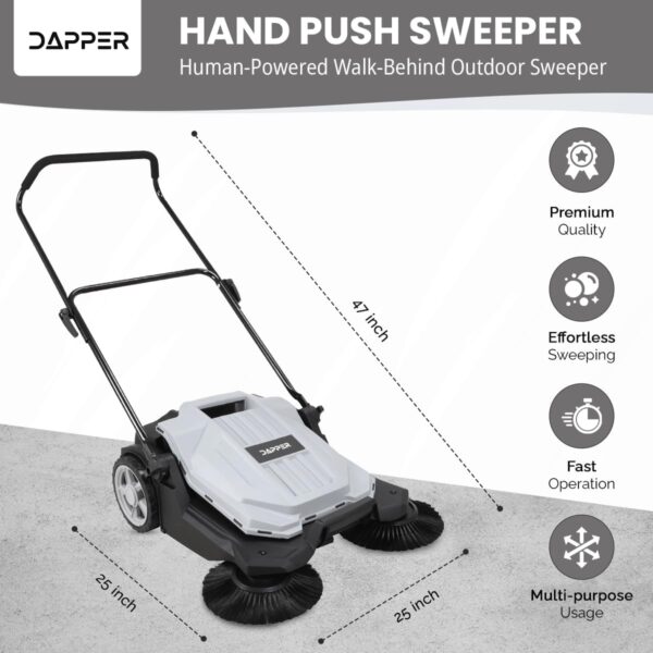 e897552be55e4a0ebd823958f342ec12 Walk-Behind Outdoor Hand Push Floor Sweeper - 5.25 Gallon Capacity - 25.5" Sweeping Width - Sweeps up to 27,900 ft² / Hour, Grey