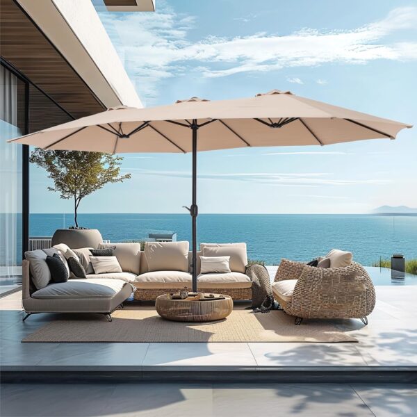 e8dba55a9ca64e0ca6c223f6ddfeed6d 15ft Patio Umbrella Double-Sided Outdoor Market Extra Large Umbrella with Crank, Umbrella Base Included (Dark Red)