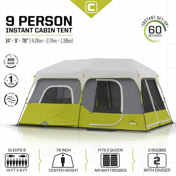e8f9640fd18a42a7ac3d26332e534b7c Core 9 Person Instant Cabin Tent - 14' x 9', Green (40008)