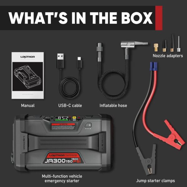 e959fc2fa4bb4a27b57ebdaa00baf42a Starter with Air Compressor, 1500Amp 12V Portable Car Battery Booster Pack for Upto 7.0L Gas or 4.5L Diesel, 150 PSI Tire Inflator with Digital Screen, 24 Months Ultra-Long Standby