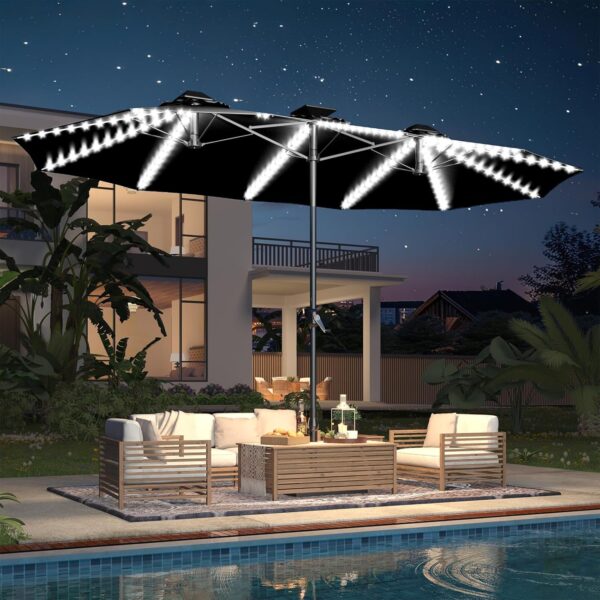 e9caea4ffbe04b35b0b8493b27020b77 15ft Patio Umbrella with Solar Lights, Large Double Umbrella Outdoor, Rectangle 180''x106'' Umbrellas with 156 PCS LED Lights and Crank Handle for Backyard Deck Pool Shade in Black(1.9" Pole)