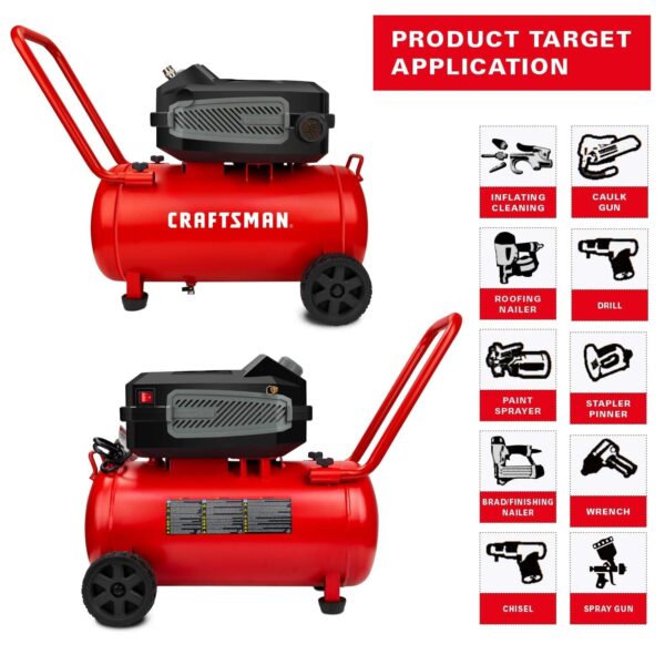 ea4ce1defcd74896864d66b5dc99b1d2 CRAFTSMAN HARD Air Compressor, 10 Gallon 1.8 HP 175 PSI, 4.0CFM@90PSI, Oil Free and Maintenance Free, Portable with Large Wheels, CMXECXA0201041