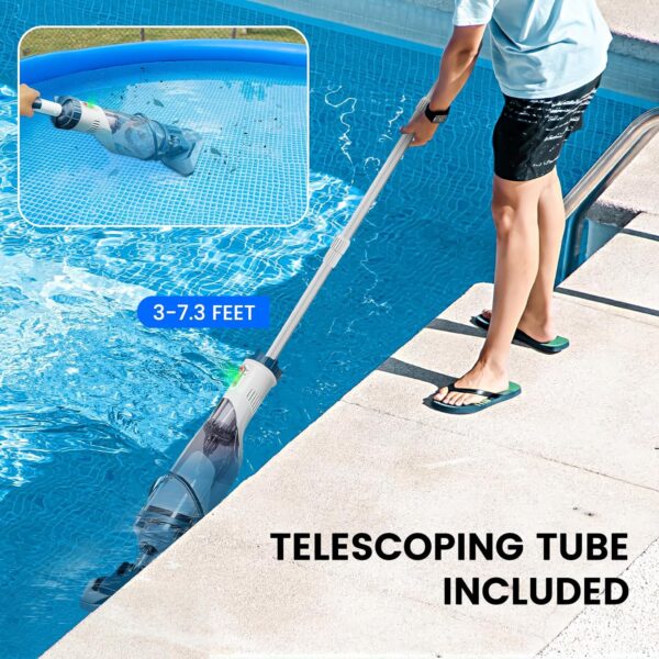 eab68f658344454aa8a46c84ef8ee286 Pool Vacuum for Above Ground Pool with a Telescopic Pole, Running time up to 1H, T403 Handheld Rechargeable Pool Cleaner with Powerful Suction up to 18.5 gallons/min, Ideal for Leaves, Debris