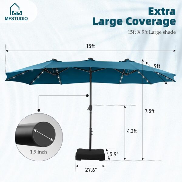 eb46d9a5380546b6bd247ff693bf1c74 15ft Double Sided Patio Umbrella with Solar Lights, Outdoor Large Umbrellas with Crank Handle and 36 LED Lights, Rectangular Market Umbrella with Base Included for Deck Pool Shade