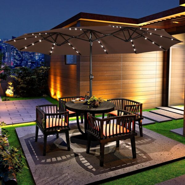 ebc25471ab5f40cc8dce9fe82a313387 15 ft Large Patio Umbrella with Solar Lights Double-Sided Outdoor Rectangle Market Umbrellas with 36 LED Lights/Base Included/Easy Crank for Patio Garden Yard Pool Lawn, Brown