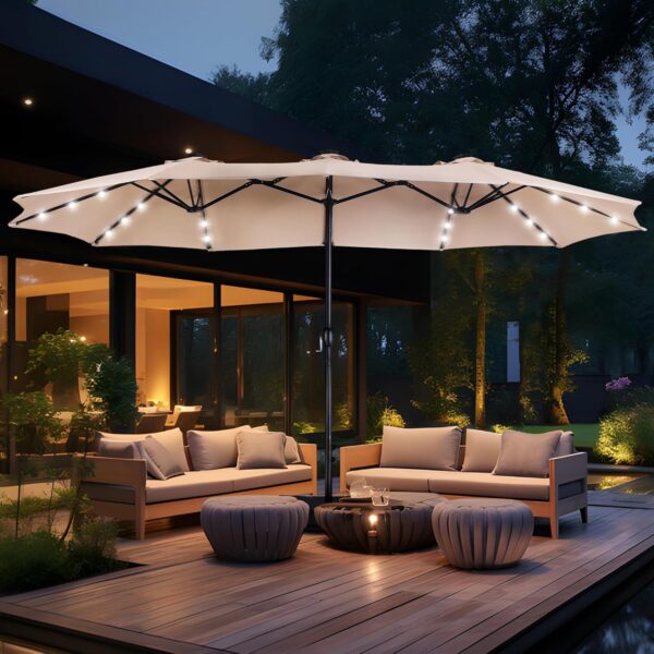 ec814a5661024a81bbc8846c7685d52f 15ft Double Sided Patio Umbrella with Solar Lights, Outdoor Large Umbrellas with Crank Handle and 36 LED Lights, Rectangular Market Umbrella with Base Included for Deck Pool Shade
