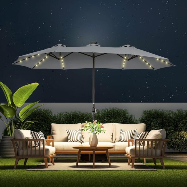 ecb86fb7d7eb448e8daf2f2e3f72c2c5 Double Sided Patio Umbrellas - 15ft Solar Lights LED Lighted Outdoor Extra Large Market Table Umbrella with Base Included, Oversized Umbrella for Deck, Pool, Backyard (Beige)