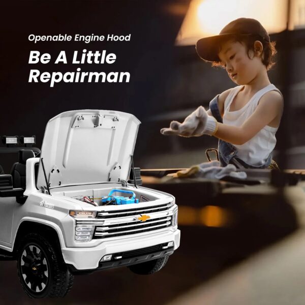 Track 7 24V Ride on Car, Licensed Silverado HD 2 Seater Electric Car for Boys Girls Age 3+, 24V Ride on Truck w/Remote Control, Music, ABC, White
