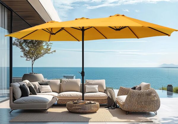 ed0c51bfb98e49f0b406c40c1e85a4d8 15ft Patio Umbrella Double-Sided Outdoor Market Extra Large Umbrella with Crank, Umbrella Base Included (Dark Red)