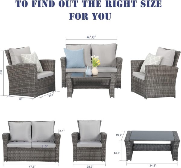 ed4ffb604c034fa3b07a0aea7c0f0b39 Wisteria Lane 4 Piece Outdoor Patio Furniture Sets, Wicker Conversation Set for Porch Deck, Grey Rattan Sofa Chair with Cushion (Blue