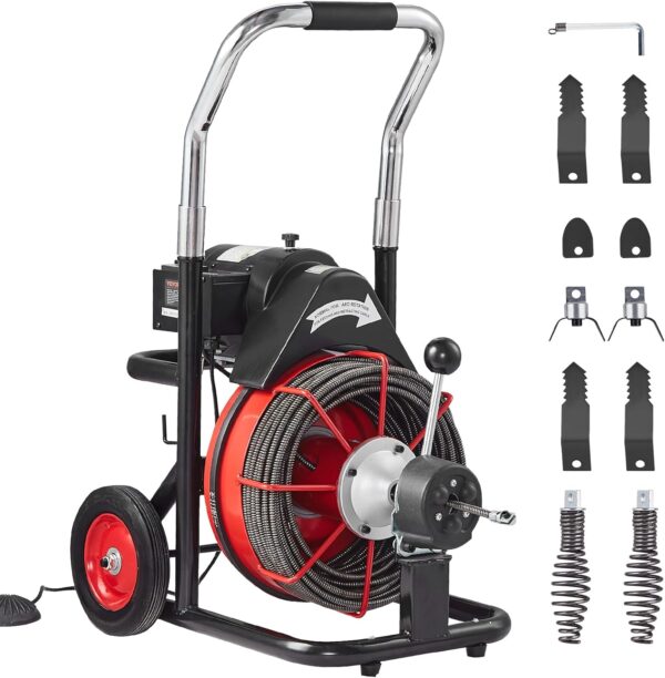 ede12df962d24d9d943333019a5cb226 VEVOR Drain Cleaner Machine 100FT x 1/2 Inch, Auto Feed Sewer Snake Auger on Wheels, 550W Portable Drain Cleaning Machine with 8 Cutters & Air-activated Foot Switch for 2" to 4" Pipes