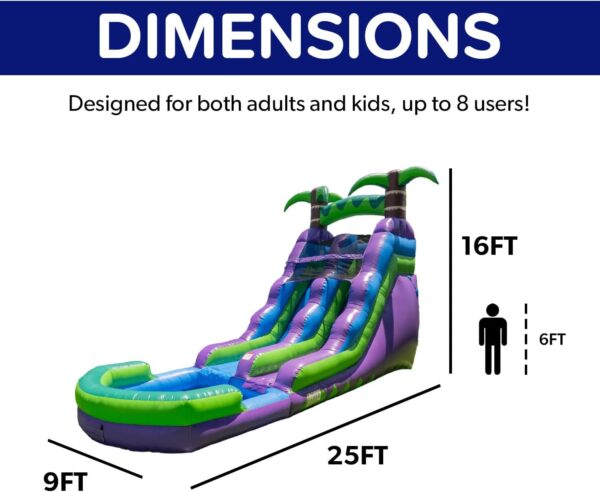 ee17f8b3652043cba5998feac071d092 16' Purple Tropical Lightweight Premium Commercial Grade Water Slide Inflatable with Attached Pool for Kids and Adults (with Blower), Wet Dry Use, Summer Fun