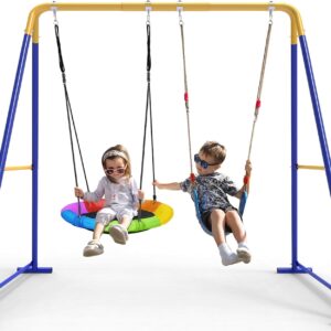 Swing Sets for Backyard, Toddler Swing Set with 2 Seat 1 Saucer & 1 Belt Seat, 440lbs Heavy-Duty Swing Frame w/8 Ground Stakes, A Frame Outdoor Swingset for Kids and Adults for Backyard