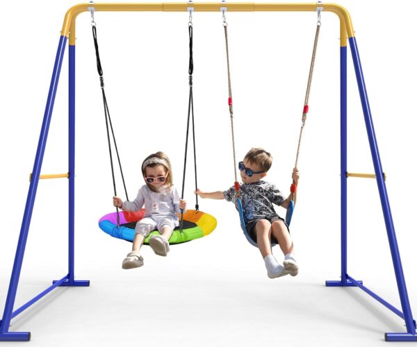 ee26902ab01846288aa2442cfa2dc668 Swing Sets for Backyard, Toddler Swing Set with 2 Seat 1 Saucer & 1 Belt Seat, 440lbs Heavy-Duty Swing Frame w/8 Ground Stakes, A Frame Outdoor Swingset for Kids and Adults for Backyard