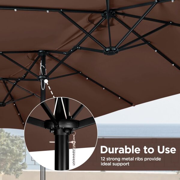 ee5420cf347e43ddb14cd5a70e9e1ee4 15 ft Large Patio Umbrella with Solar Lights Double-Sided Outdoor Rectangle Market Umbrellas with 36 LED Lights/Base Included/Easy Crank for Patio Garden Yard Pool Lawn, Brown