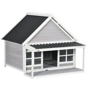 PawHut Wooden Dog House Outdoor with Porch, Cabin Style Raised Dog Shelter with PVC Roof, Front Door, Windows, for Large Medium Sized Dog