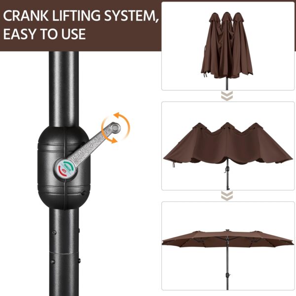 eec9c85799ab40c1bb6521bd718659b3 15 ft Large Patio Umbrella with Solar Lights Double-Sided Outdoor Rectangle Market Umbrellas with 36 LED Lights/Base Included/Easy Crank for Patio Garden Yard Pool Lawn, Brown