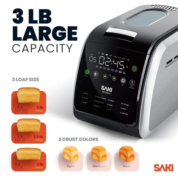 Saki 12-In-1 Programmable Bread Machine with Digital Touch Control Panel