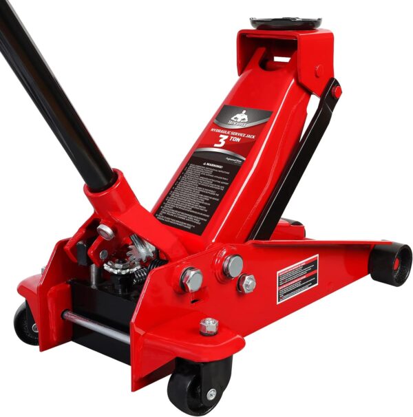 ef6ca9dfba79400ea6557b13da58f93c 3 Ton Low Profile, Aluminum and Steel Racing Floor Jack with Dual Pistons Quick Lift Pump for Sport Utility Vehicle, Lifting Range 3-15/16" min to 18-5/16" max, Red