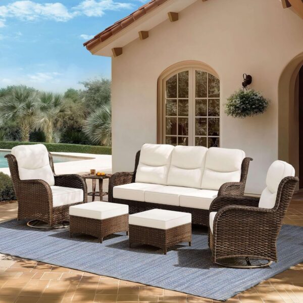 ef84a6d6762140f69c9f1700107c1248 Outdoor Swivel Rocker Patio Chairs with 6-Inch Thick Cushions and Side Table, 3PCS High Back Wicker Patio Furniture Set for Porch, Balcony, Deck and Yard in Blue