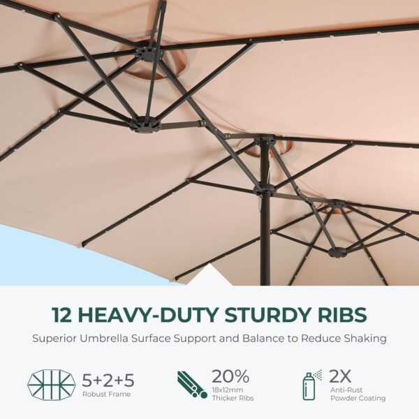efa5caa55928493e8f2e61d873703aca Double Sided Patio Umbrellas - 15ft Solar Lights LED Lighted Outdoor Extra Large Market Table Umbrella with Base Included, Oversized Umbrella for Deck, Pool, Backyard (Beige)