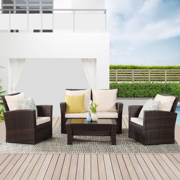 efacf895dd824b46bf6cd8847c5e9aac Wisteria Lane 4 Piece Outdoor Patio Furniture Sets, Wicker Conversation Set for Porch Deck, Grey Rattan Sofa Chair with Cushion (Blue