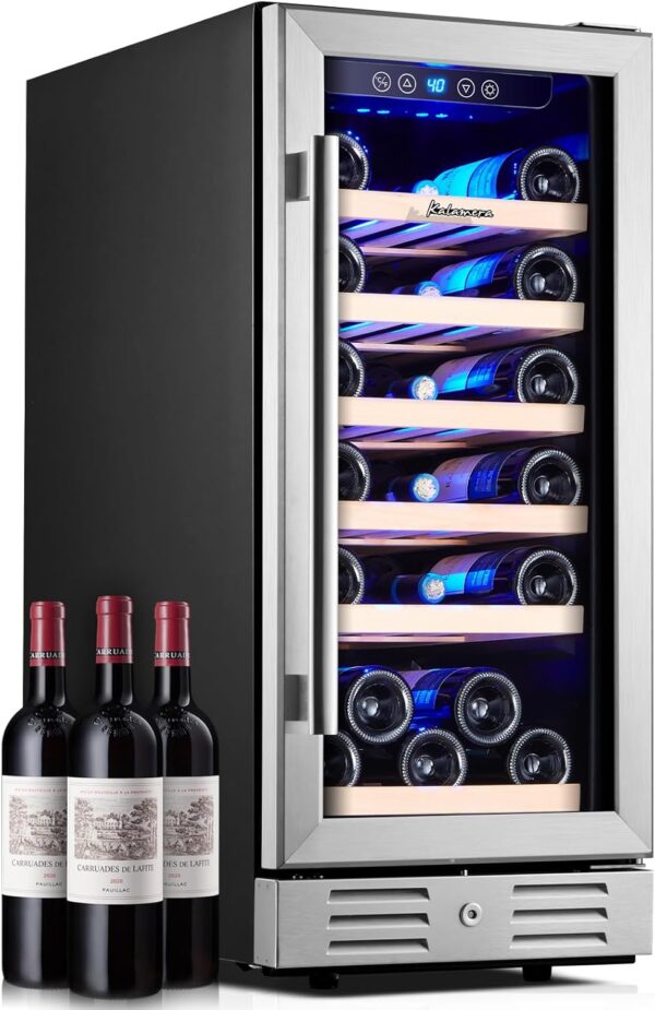 efad8422ac7b41f686d93e55d2ff3f82 24 inch Wine Cooler, 46 Bottle - Dual Zone Built-in or Freestanding Fridge with Stainless Steel Reversible Glass Door, for Home, Kitchen, or Office.