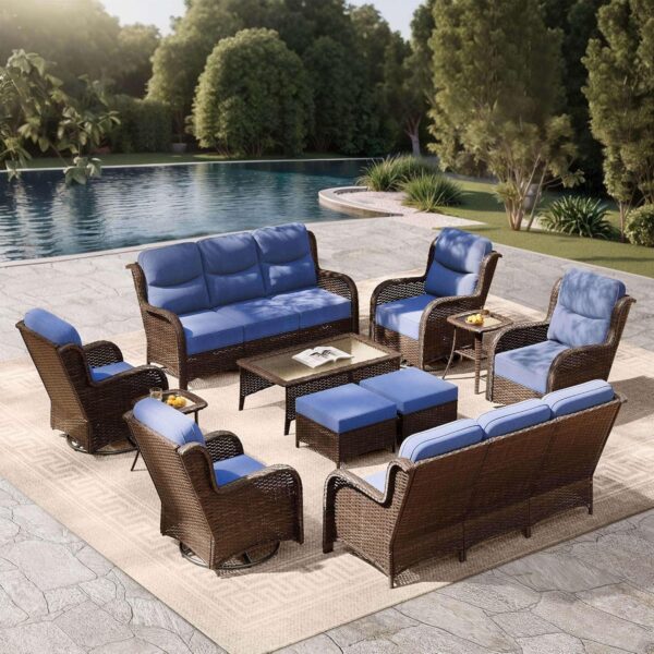 efca3153856f4e038b353a5cffa1c07d Outdoor Swivel Rocker Patio Chairs with 6-Inch Thick Cushions and Side Table, 3PCS High Back Wicker Patio Furniture Set for Porch, Balcony, Deck and Yard in Blue