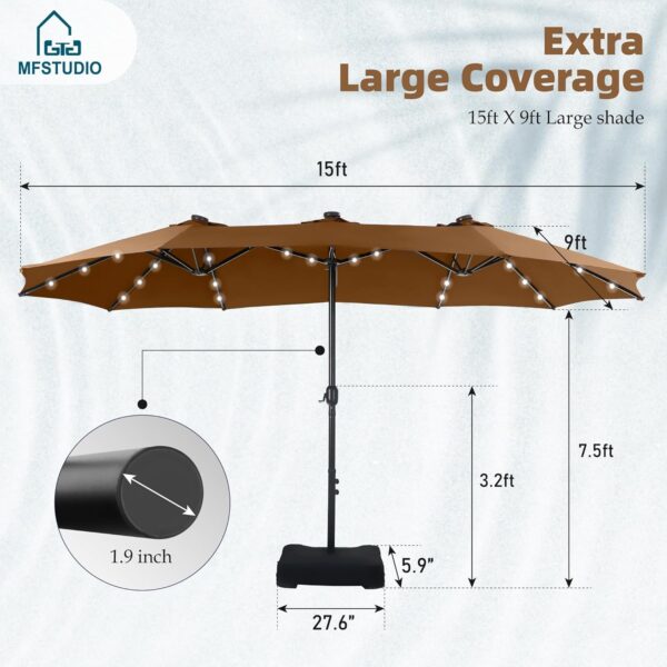 f0077f002b6a48bd9ad245fc54820085 15ft Double Sided Patio Umbrella with Solar Lights, Outdoor Large Umbrellas with Crank Handle and 36 LED Lights, Rectangular Market Umbrella with Base Included for Deck Pool Shade