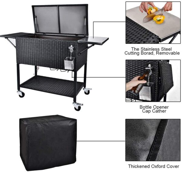 f03cb1aec8c24eeead9f0893b6bbde3c 80 Quart Rattan Rolling Cooler Cart, Portable Wicker Cooler Trolley, Backyard Party Drink Beverage Bar