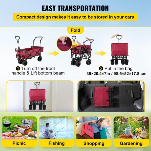 f09537f4639642668613fbdc8af81ece Red Collapsible Wagon Cart with Canopy, 360° Wheels, Adjustable Handles, 220 lbs Capacity for Beach & Garden