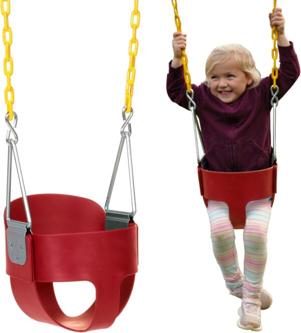 f1390cbfb89344158b9de6fa7798dc74 Eastern Jungle Gym Heavy-Duty High Back Full Bucket Toddler Swing Seat | Coated Swing Chains Fully Assembled | Green Swing Set Accessory