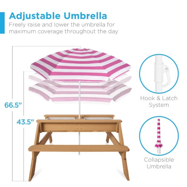 Best Choice Products Kids 3-in-1 Outdoor Convertible Activity Sand & Water Picnic Table w/ Umbrella - Natural/Dark Pink