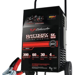 Schumacher Electric Wheeled Battery Charger and Engine Starter, SC1446, 2-in-1, manual timer control, 300 crank amps, 6 volts, 12 volts, for car, SUV, truck and Marine batteries