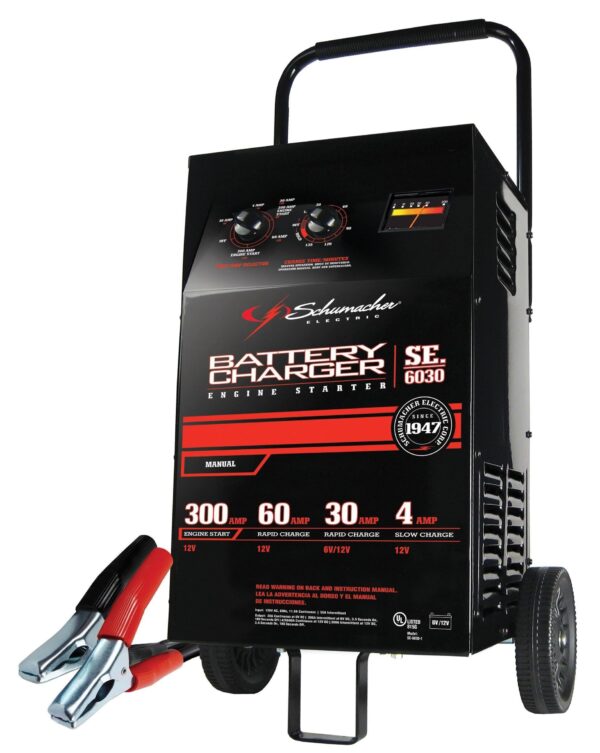 f2effc1b69564d3985776e92442ecd83 Schumacher Electric Wheeled Battery Charger and Engine Starter, SC1446, 2-in-1, manual timer control, 300 crank amps, 6 volts, 12 volts, for car, SUV, truck and Marine batteries