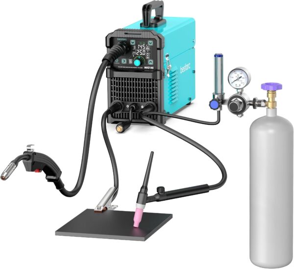 f3172cf2ae7e43f6b37a034f09c15da8 145A MIG Welder, 110V/220V Dual Voltage Gas/Gasless Flux Core MIG Welder/Lift TIG/Stick 3 in 1 Synergic MIG145 9GEN Welding Machine, Flux/Solid Welder Digital Screen Display