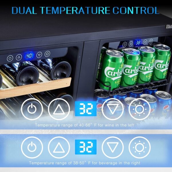 f33264fc4dab43738a78c26558661cc0 24 inch Wine Cooler, 46 Bottle - Dual Zone Built-in or Freestanding Fridge with Stainless Steel Reversible Glass Door, for Home, Kitchen, or Office.
