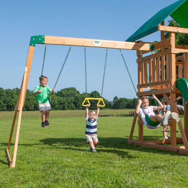 f337cd6197514b7f988e9f44f98458e6 Backyard Discovery Mount Mckinley Cedar Wood Swing Set with Wave Slide, Play Deck, Double Rock Wall, Rope Ladder, Web Swing, Belt Swings, Toy Telescope, Steering Wheel, Sandbox Area, Outdoor Playset