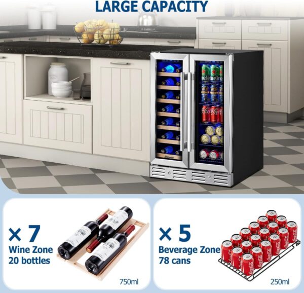 f3a400d8a9e1435ab052007ef59cf561 24 inch Wine Cooler, 46 Bottle - Dual Zone Built-in or Freestanding Fridge with Stainless Steel Reversible Glass Door, for Home, Kitchen, or Office.