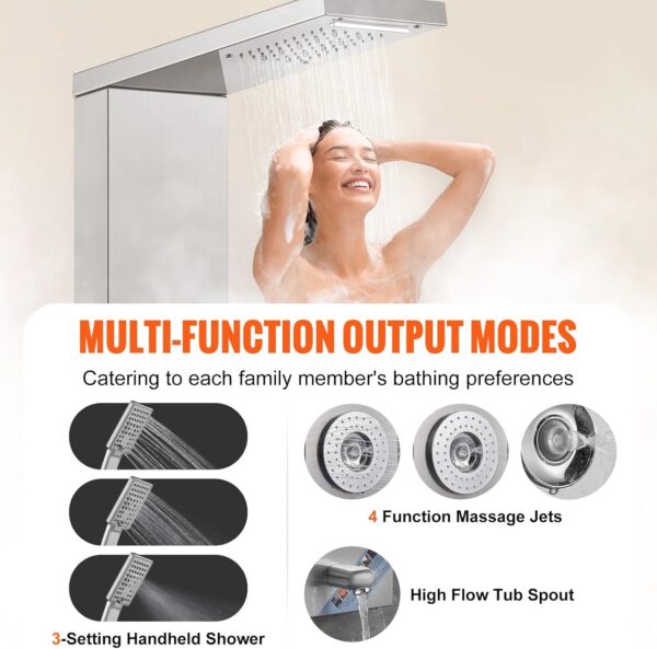 f3d6f805cd8343149236a4066b1e2490 Shower Panel System, 6 Shower Modes, LED & Display Shower Panel Tower, Rainfall, Waterfall, 4 Body Massage Jets, Tub Spout, Handheld Shower Head 59" Hose, Stainless Steel Wall-Mounted Shower Set
