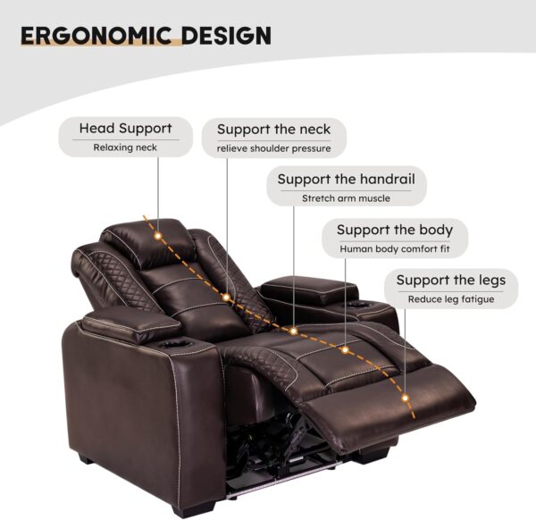 f3eee267645e49e4a56a7934595cf9be Power Home Theater Seating Set of 3, Brown Faux Leather Electric Recliner Chair with Powered Headrest, Dual Motors Movie Reclining Chairs with LED Lights,USB Port,Cup Holders, Hidden Arm Storage