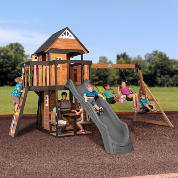 f4497526c15f415cbf37a5c0a6d5465e Backyard Discovery Canyon Creek Cedar Wood Swing Set with Wave Slide, Clubhouse, Play Kitchen, Picnic Area, Belt Swings, Web Swing, Rock Wall, Balconies, Playhouse, Step Ladder, Outdoor Playset