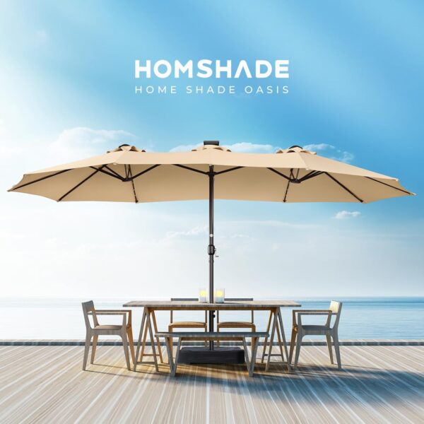 f465b090353d476ebb794ad2ef75df66 Double Sided Patio Umbrellas - 15ft Solar Lights LED Lighted Outdoor Extra Large Market Table Umbrella with Base Included, Oversized Umbrella for Deck, Pool, Backyard (Beige)