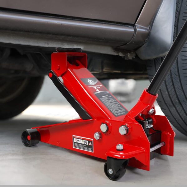 f4aa3a27efe04172878b1d90dd624282 3 Ton Low Profile, Aluminum and Steel Racing Floor Jack with Dual Pistons Quick Lift Pump for Sport Utility Vehicle, Lifting Range 3-15/16" min to 18-5/16" max, Red