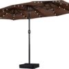 15 ft Large Patio Umbrella with Solar Lights Double-Sided Outdoor Rectangle Market Umbrellas with 36 LED Lights/Base Included/Easy Crank for Patio Garden Yard Pool Lawn, Brown