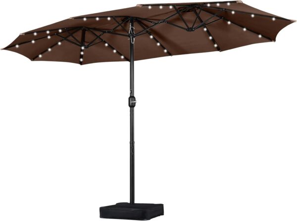 f4bb28c06601410a8186a9e19ebbb6c1 15 ft Large Patio Umbrella with Solar Lights Double-Sided Outdoor Rectangle Market Umbrellas with 36 LED Lights/Base Included/Easy Crank for Patio Garden Yard Pool Lawn, Brown