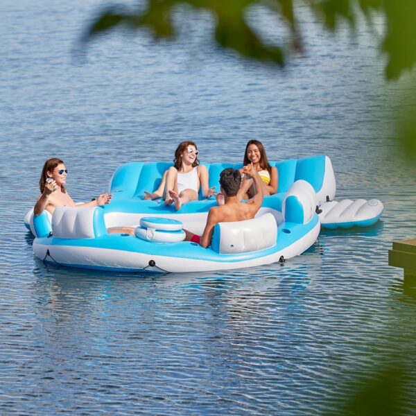 f4e1e959fd7241aa97b702161bcf20ed 56299EP 145 x 125 x 20 Inch Splash N Chill Inflatable Lake and Pool Relaxation Island Lounger Seat for up to 7 Adults, Blue and White