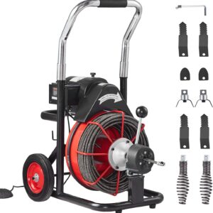 Drain Cleaner Machine 100FT x 1/2 Inch, Auto Feed Sewer Snake Auger on Wheels, 550W Portable Drain Cleaning Machine with 8 Cutters & Air-activated Foot Switch for 2" to 4" Pipes