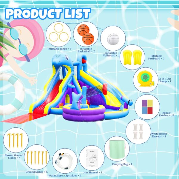 f56362ed183f49ee8ea41fec3851e873 11-in-1 Inflatable Water Slide & Dolphin Bounce House w/2 Long Slides, 19.7 Ft x 13.1 Ft Extra Large Waterslide Climbing Wall w/Small Deeper Pool,Water Cannons,Hoop for Kids Backyard,550W Blower
