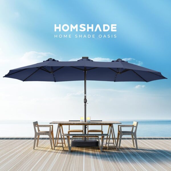 f5a264cb38654d918446850fd0b27dee Double Sided Patio Umbrellas - 15ft Solar Lights LED Lighted Outdoor Extra Large Market Table Umbrella with Base Included, Oversized Umbrella for Deck, Pool, Backyard (Beige)